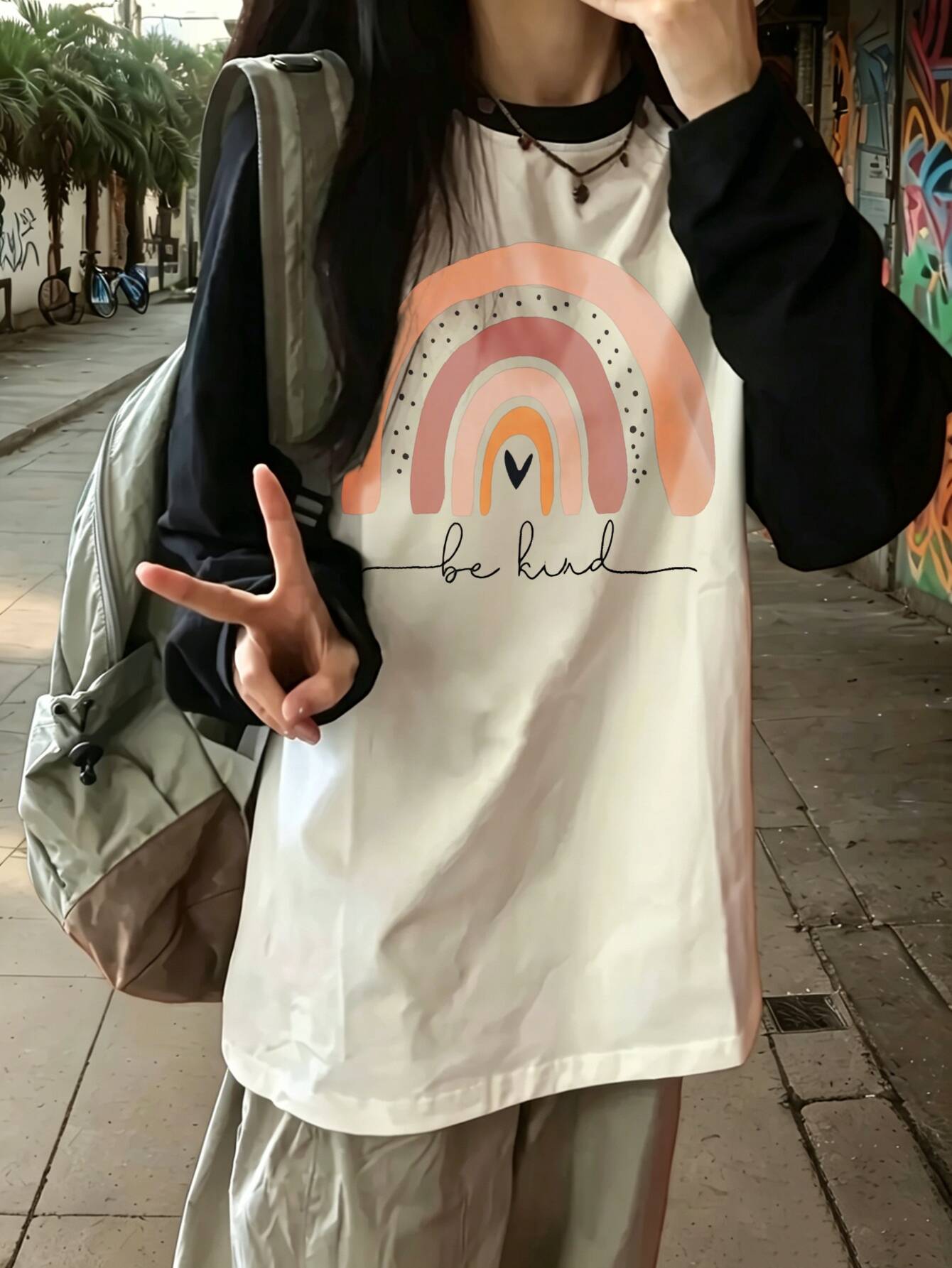 Tee Graphic Print - ฮาราจูกุ วินเทจ ลำลอง ลายพิมพ์สายรุ้ง แขนยาว สำหรับผู้หญิง