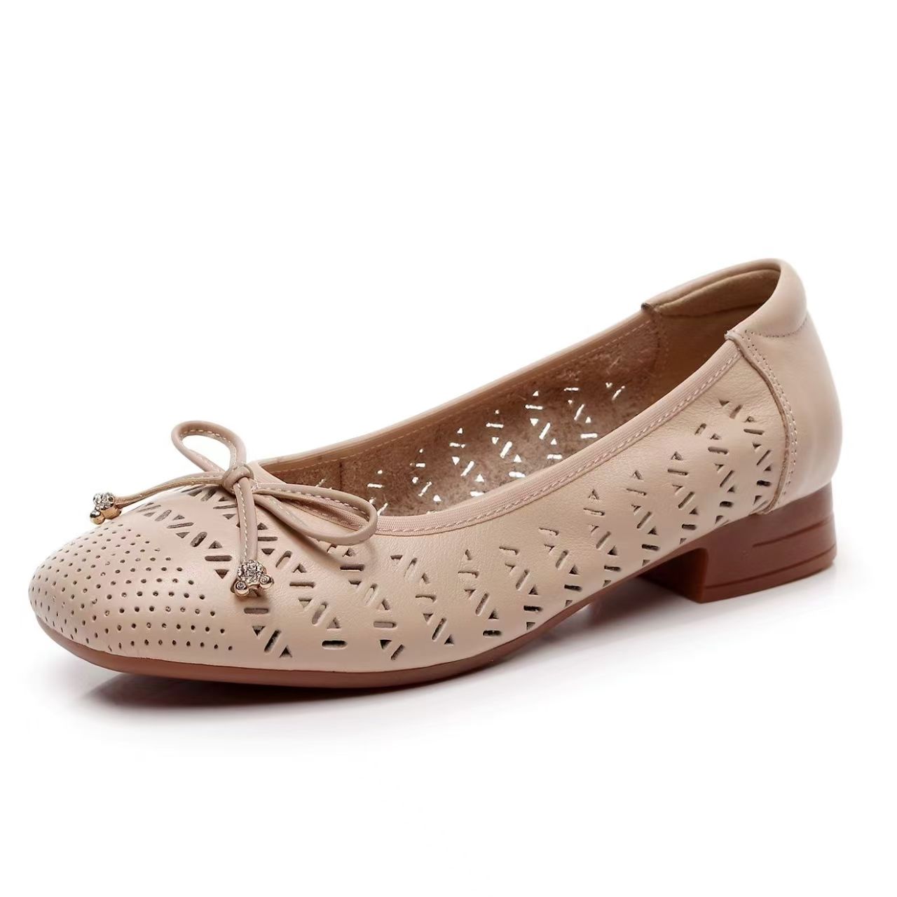 Casual Sandal Leather - รองเท้าหนังแท้สำหรับผู้หญิง ดีไซน์โบว์โปร่ง สีนู้ด สำหรับฤดูใบไม้ผลิและฤดูร้อน พื้นนุ่ม หัวกลม