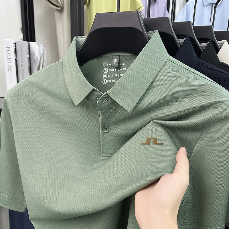 Polo Shirt Pique - เสื้อโปโลแขนสั้นผู้ชาย ผ้าโพลีเอสเตอร์ผสมสแปนเด็กซ์ ลายพิมพ์โลโก้เรขาคณิต ระบายอากาศได้ดี ยืดหยุ่น สไตล์ลำลอง