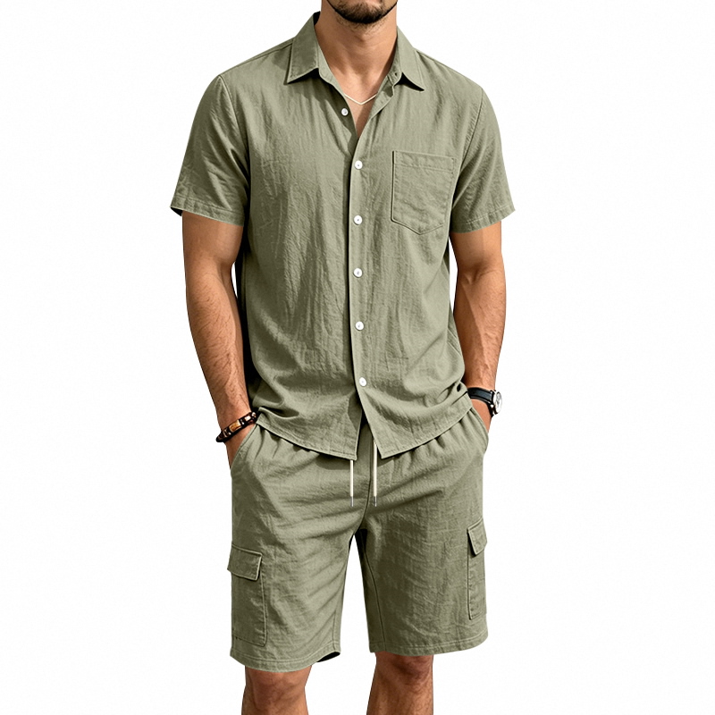 Short Linen Drawstring - ชุดเซ็ตผ้าลินินสไตล์อเมริกันสำหรับผู้ชาย เสื้อแขนสั้น กางเกงขาสั้นทรงคาร์โก้ มีเชือกผูกเอว ใส่สบายๆ เหมาะสำหรับกิจกรรมกลางแจ้ง