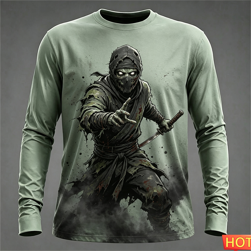 Tee Graphic Print - เสื้อยืดแขนยาวผู้ชายสำหรับฤดูใบไม้ร่วงและฤดูหนาว ลายซามูไร 3D สำหรับฮาโลวีน เสื้อยืดผ้าฝ้ายลายกราฟิก ของขวัญฮาโลวีนสำหรับผู้ชาย